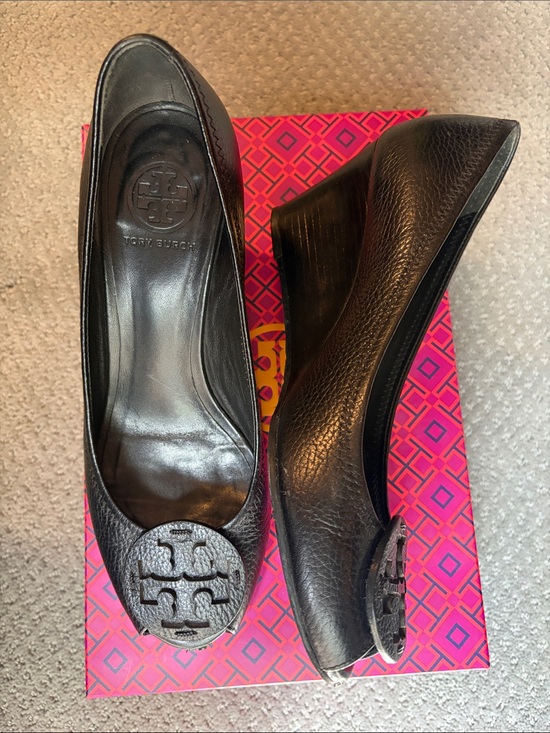 Tory Burch Shoes - Tory Burch Women's Sally 2 Black Tumbled Leather Peep Toe Wedges